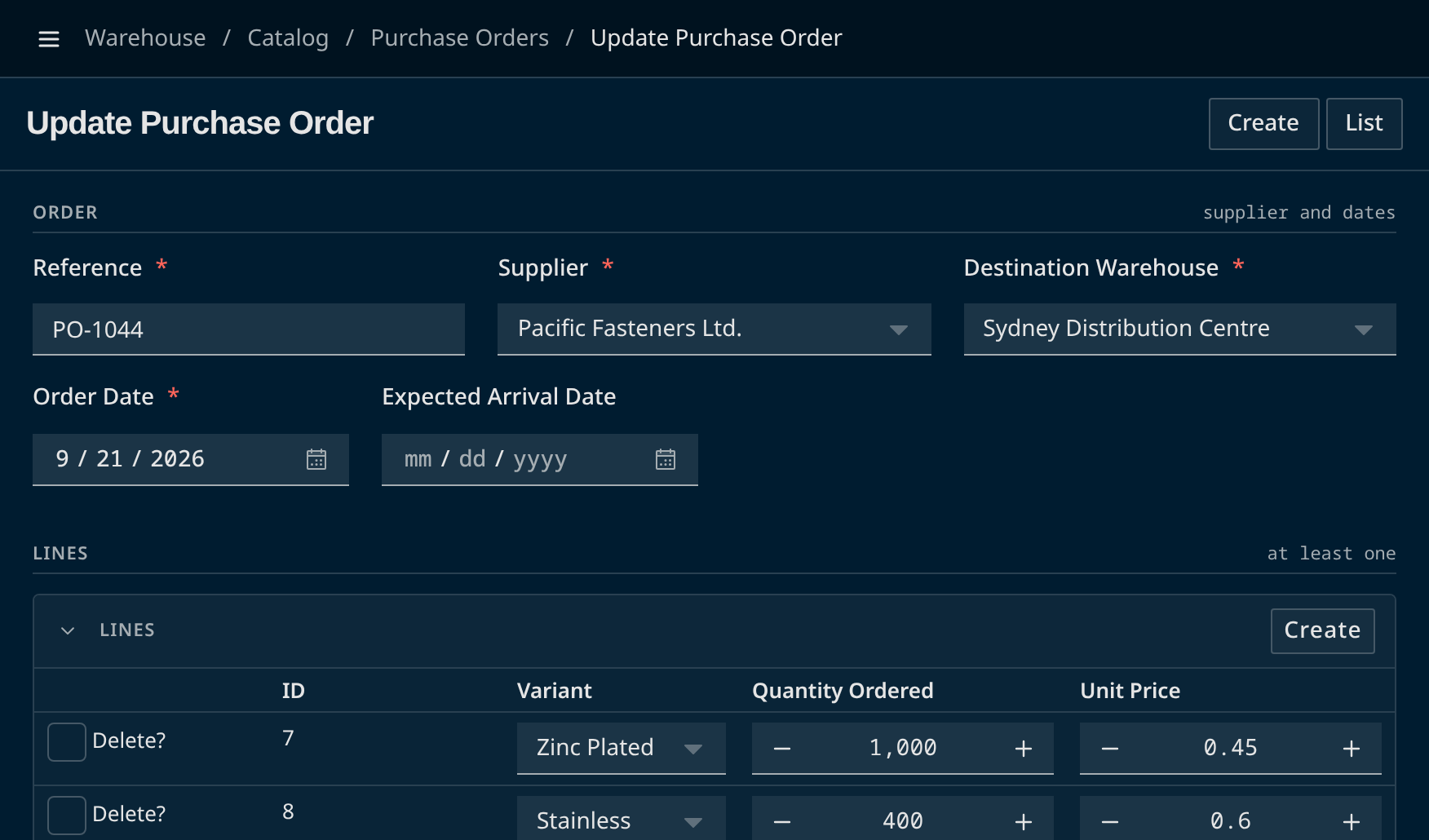 Generated purchase order form with reference, supplier, warehouse, and date fields above editable order lines.