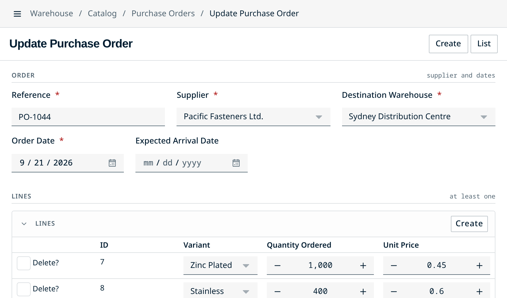Generated purchase order form with reference, supplier, warehouse, and date fields above editable order lines.