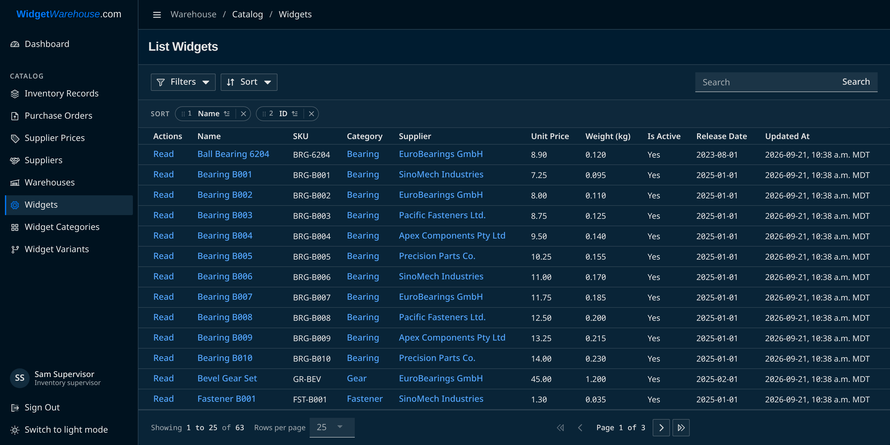 Widget Warehouse widget list with sidebar navigation, filter and sort controls, search, and a table of widget records.