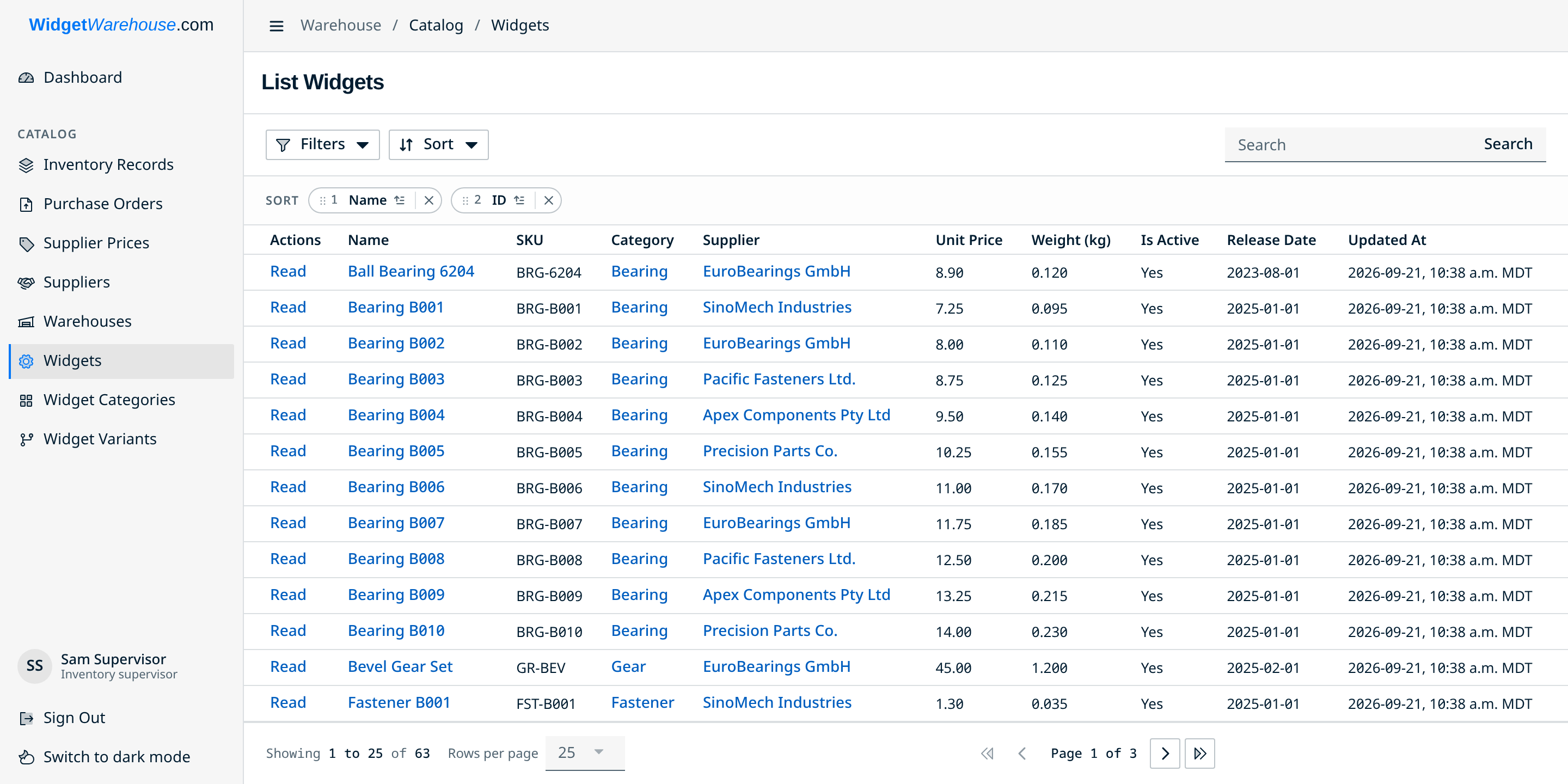 Widget Warehouse widget list with sidebar navigation, filter and sort controls, search, and a table of widget records.