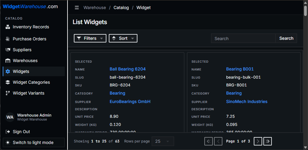 Widget Warehouse inventory application showing sidebar navigation, filters, search, and widget records.
